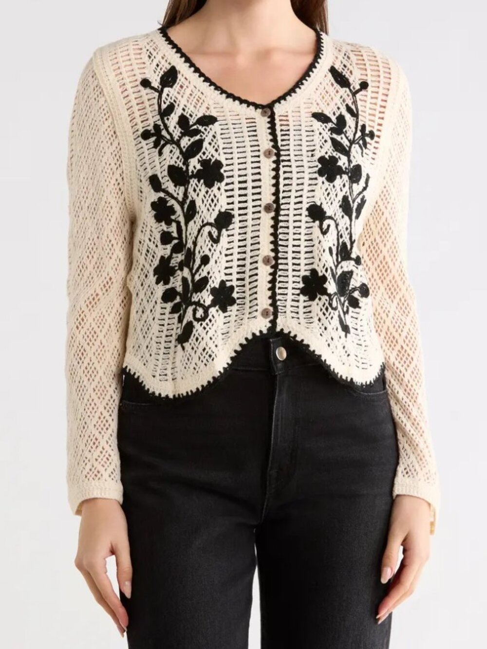 Liv Los Angeles Floral Embroidered Open Stitch Cardigan L